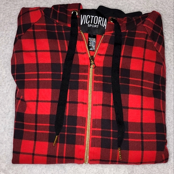 VS SPORT Full Zip Hoodie Soft Fleece Color Red Plaid, Size Medium - Picture 5 of 10